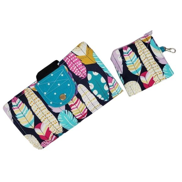 Handmade Colorful Feather Print Wallet Money Organizer Savings Set - Picture 1 of 15